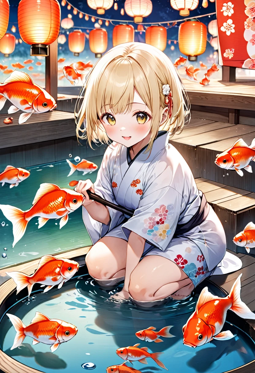 Create a scene featuring a cute girl with a blonde bob haircut enjoying a traditional Japanese goldfish scooping game (kingyo-sukui) while wearing a beautiful yukata with a traditional pattern. She is squatting by a small pool filled with water and goldfish, holding a scooping net (poi) carefully. The girl's expression is one of concentration and joy as she tries to catch a goldfish. The setting is a lively summer festival, with lanterns and stalls visible in the background, creating a festive atmosphere. The soft glow of the lanterns illuminates her face and the surrounding area. The overall composition captures the fun and excitement of a summer festival night, emphasizing the colorful and joyful environment