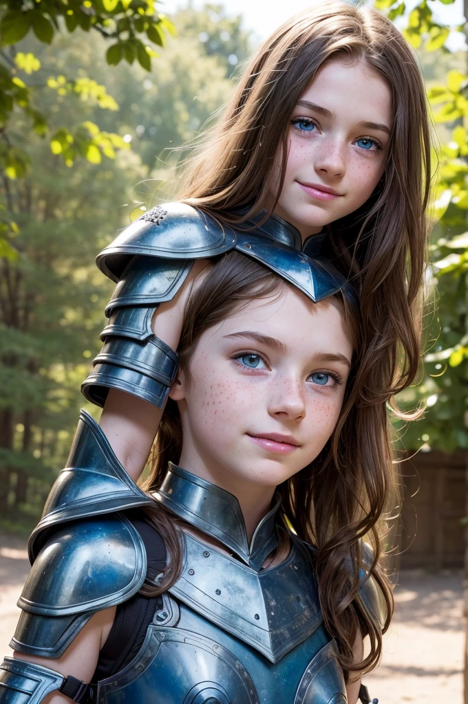 ((high resolution)), ((pale skin)), freckled, brunette ((11 year old)) girl, with blue eyes, blushing cheeks, wavy hair, smiling, naked, as a fantasy warrior, sexy armor