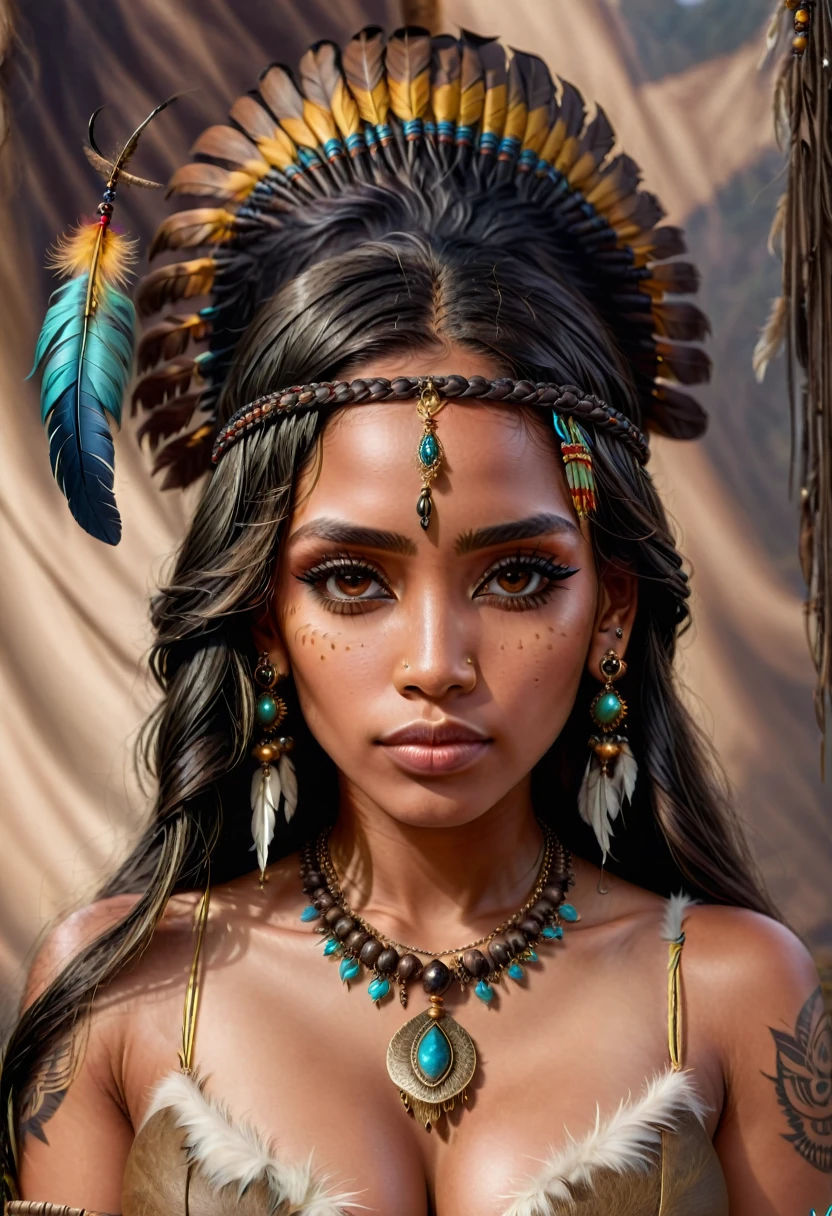 Realistic image of a woman, alone, with long hair, looking at the viewer, black hair, brown eyes, jewelry, braid, earrings, dark skin, necklace, mole, dark-skinned woman, lips, tattoo, feathers, headdress, facial tattoo, Native American