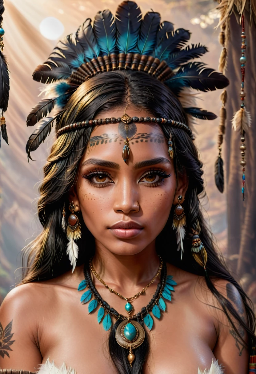 Realistic image of a woman, alone, with long hair, looking at the viewer, black hair, brown eyes, jewelry, braid, earrings, dark skin, necklace, mole, dark-skinned woman, lips, tattoo, feathers, headdress, facial tattoo, Native American