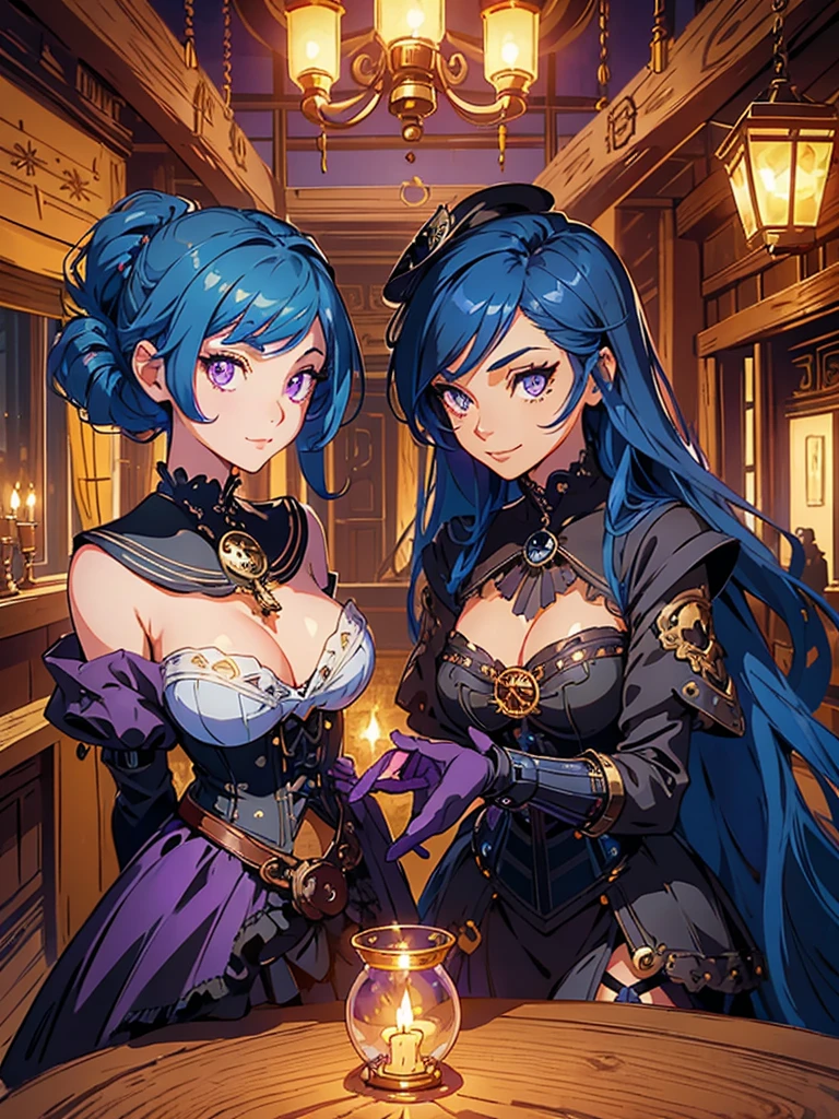 masterpiece, high quality, illustration, extremely detailed, 1_women, (bright blue hair), medium length hair, cute bangs, flowing hair, (exotic skin_complexion:1.4),mature, tall, beautiful, exotic, elegant, slim, (((sailor collar))), black thigh highs, choker, medium bust, (brown steampunk corset), black ta style skirt, knee high brown boots with laces, black elegant elbow gloves, diamond shaped eyes, (((purple eyes))), dark_eyeliner, long_eyelashes), natural dynamic lighting, smiling, happy, steampunk, in rustic room, wooden table, crystal ball, rustic gypsy hut, candles, candle light, clocks on walls, skulls, potions, curtains, colored smoke in the air,