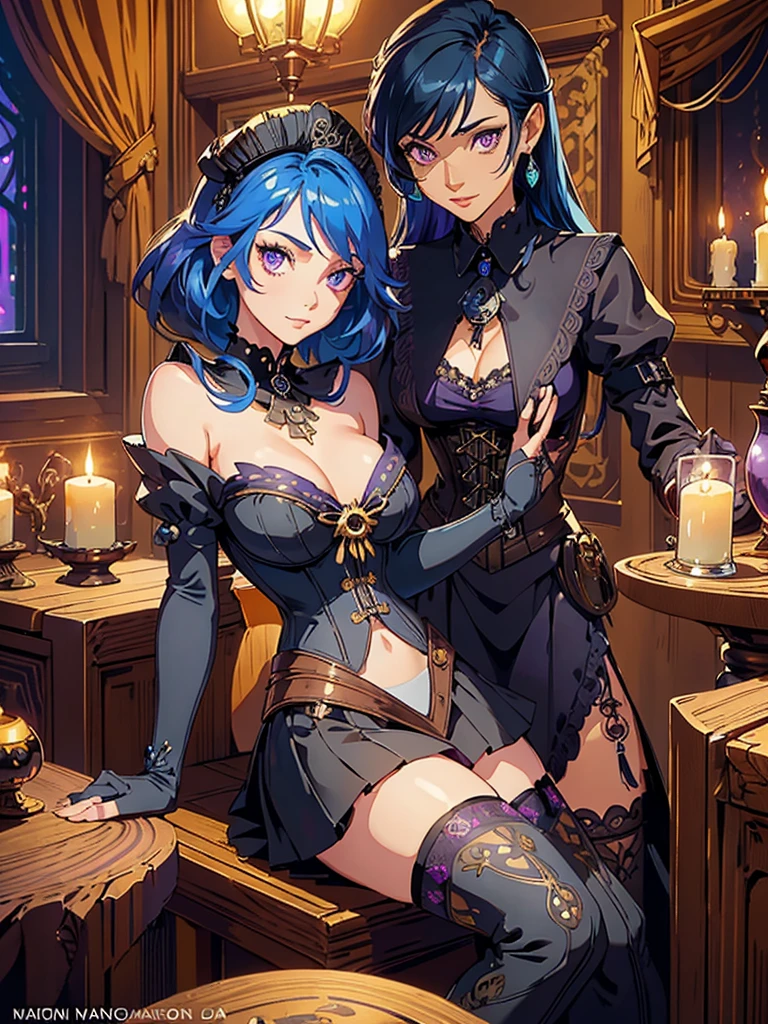 masterpiece, high quality, illustration, extremely detailed, 1_women, (bright blue hair), medium length hair, cute bangs, flowing hair, (exotic skin_complexion:1.4),, tall, beautiful, exotic, elegant, slim, (((sailor collar))), black thigh highs, choker, medium bust, (brown steampunk corset), black Lolita skirt, knee high brown boots with laces, black elegant elbow gloves, diamond shaped eyes, (((purple eyes))), dark_eyeliner, long_eyelashes), natural dynamic lighting, smiling, happy, steampunk, in rustic room, wooden table, crystal ball, rustic gypsy hut, candles, candle light, clocks on walls, skulls, potions, curtains, colored smoke in the air,