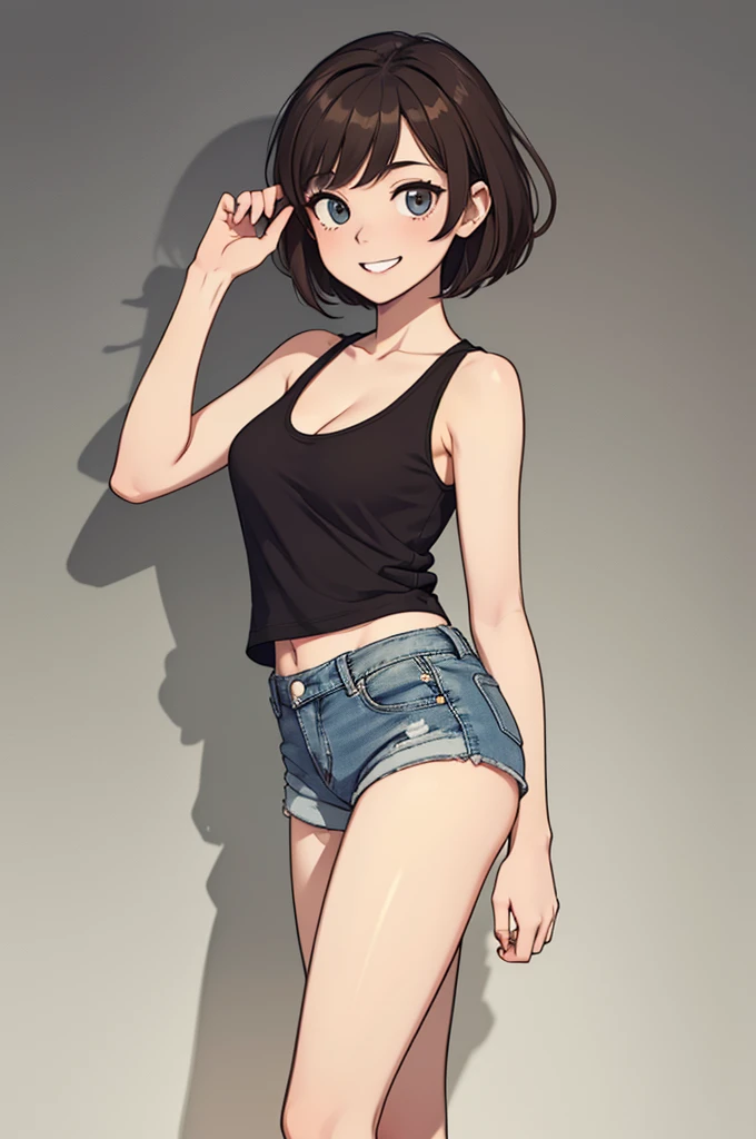 (((masterpiece, best quality, ultra highres, 1 girl, solo, no background))), super detailed skin and face and eyes and finger, beautiful japanese woman, small breasts:1.5, skinny, light brown hair, white background, very short pixie hair, Knee shot, Generate with illustrations, Various expressions, Various poses, Please draw the entire character within the frame, ensuring that the head, arms, and legs are not cut off. The background should be simple, with the character positioned centrally, outline, anime, 2d, boyish, smile showing teeth, tank top, denim shorts,