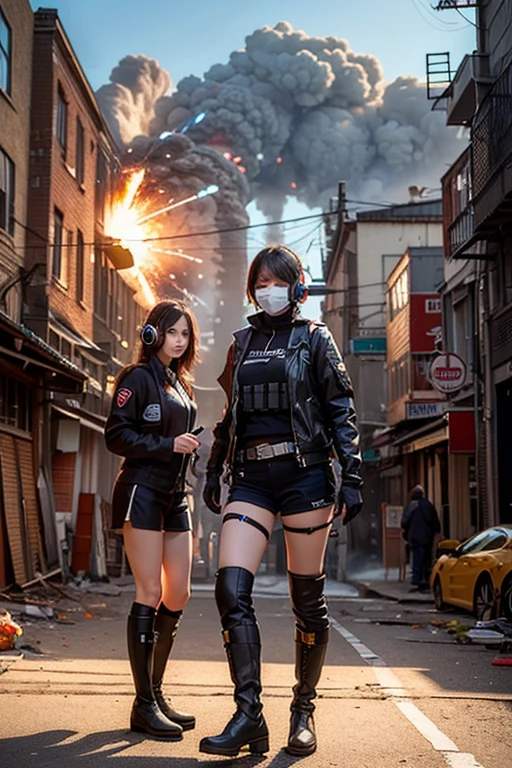 ((high quality)), ((masterpiece)), 8k, Two Girls, Bulletproof vest, light, extremely detailed CG unity 8k wallpaper, Game CG, View your viewers, gloves, boots, whole body, clock, computer, mask, Drone, Have a weapon, Headphones, Jacket, (Background Destroyed city , explosion , cigarette