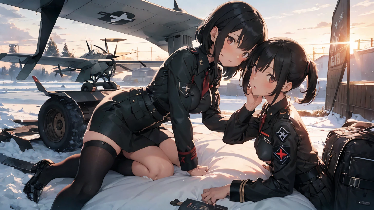 Gestapo uniform, female lesbian kawaii sisters kissing with Heinkel He 111 airplane in background. wearing Luftwaffe pilot uniforms. 8k. masterpiece. best quality. best artwork. lingerie. Swastika insignia red armband. busty bare breasts. nipples. sunset. snowing