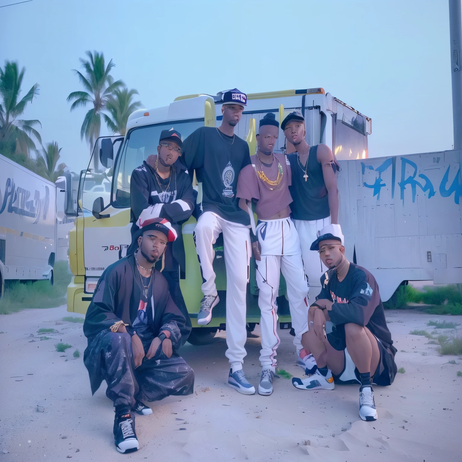 several men posing for a picture in front of a truck, nostalgic 8k, still from a music video, edited, saturation 40, taken in the early 2020s, shot at golden hour, photo shoot, demobaza, official music video, rapper, afar, 4k still, low fi, album art, sitting down