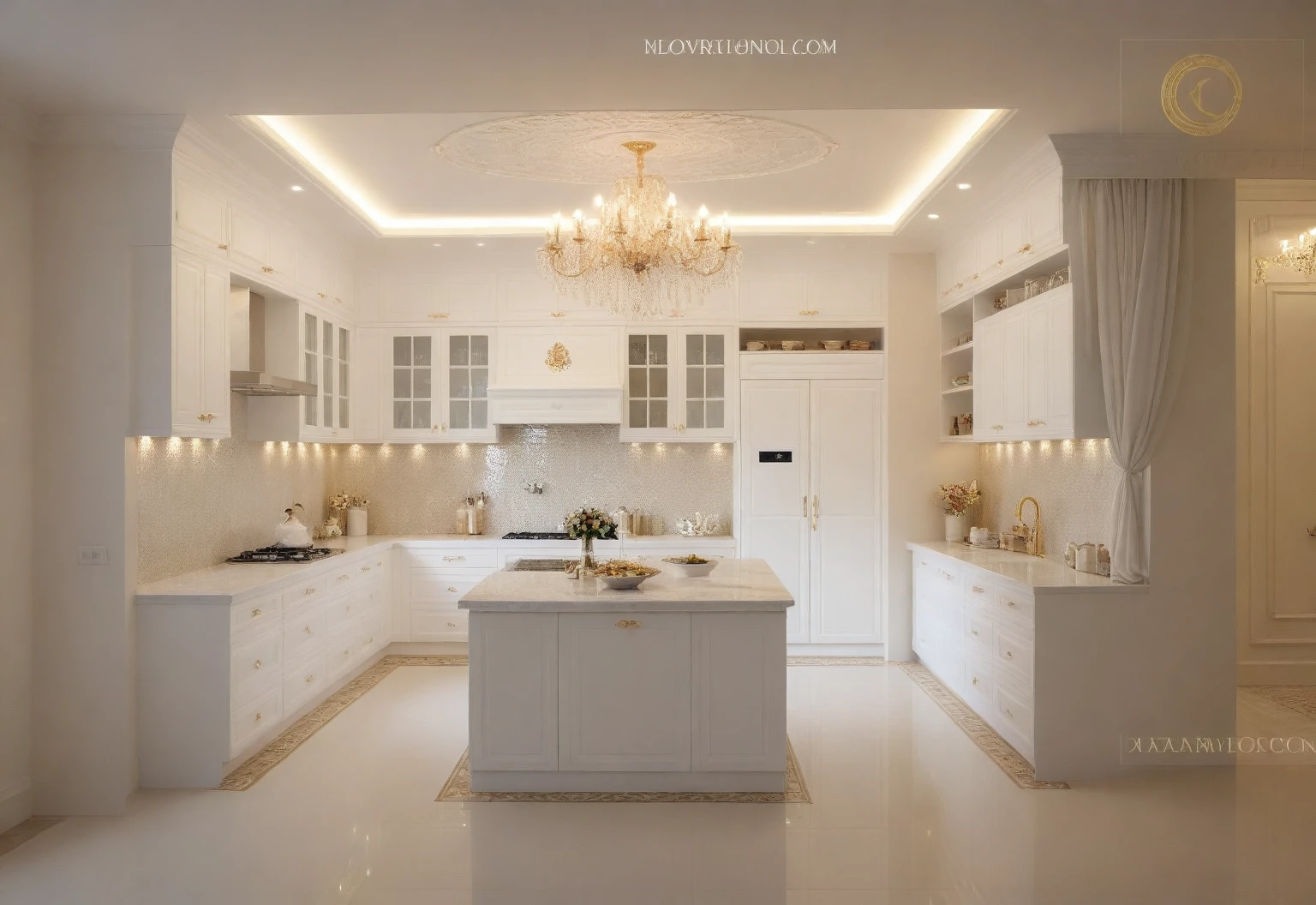 Masterpiece, Best quality,8K, Ultra-high resolution,When you step into the Kitchen and dinning room,Immediately surrounded by a rich atmosphere of luxury。Ornate crystal chandeliers hang high on the wall,Shine brightly。Kitchen island  was covered with a soft white fluffy blanket,It is so comfortable,So much so that you can't help but indulge in it。Embellished with precious porcelain and white-off gold ornaments。Whenever it is late afternoon,The afterglow from the window spilled on the floor,Soft light and shadow are reflected,It was as if entering a dreamland。