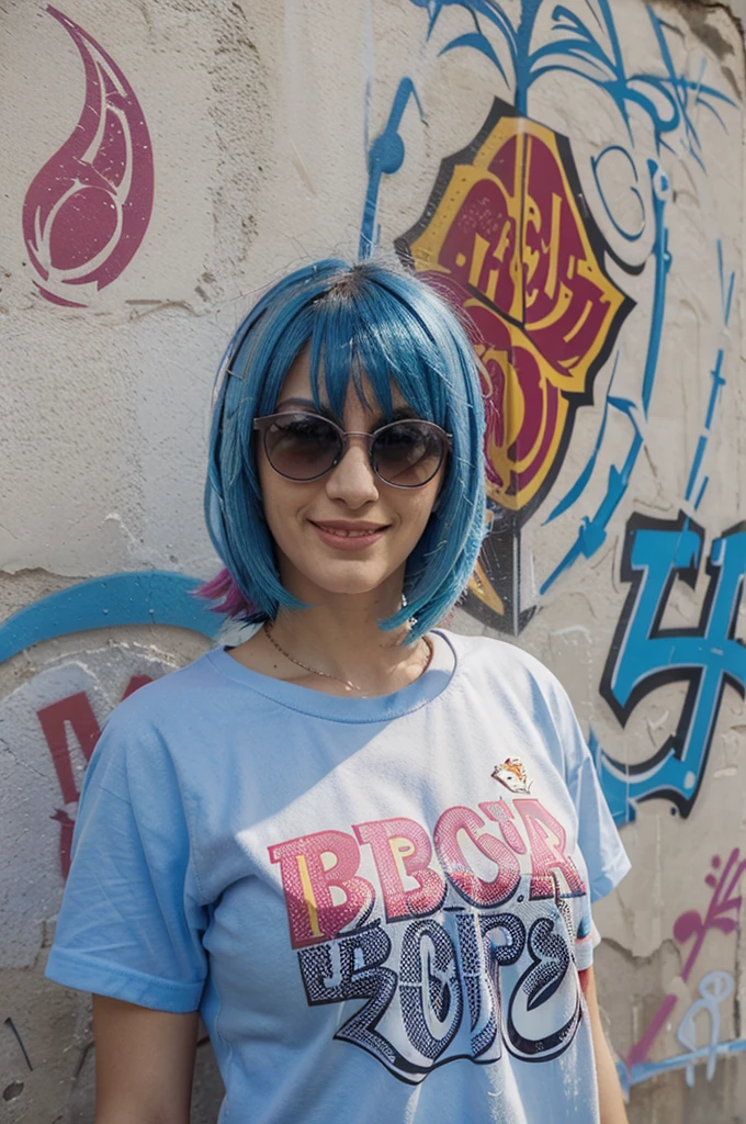 t-shirt_design, ("Barcelos" text logo:1.3), beautiful fricky smiling woman in pink sunglasses with blue hair, wind blows her hair, graffiti, (street style), colorful, t-shirt_design, clear background