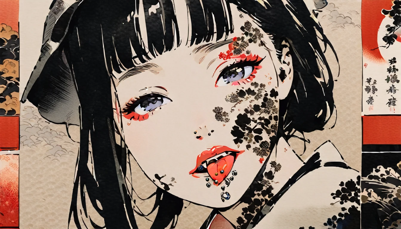 Fashion portrait color photography, Ink Painting, (((1 girl))), (((Tattoos on the face))), (((Tongue Piercing))), Wear your hat at an angle, Face close-up, Beautiful Japanese Girls, Black Hair, Delicate and precise, Modern ukiyo-e style