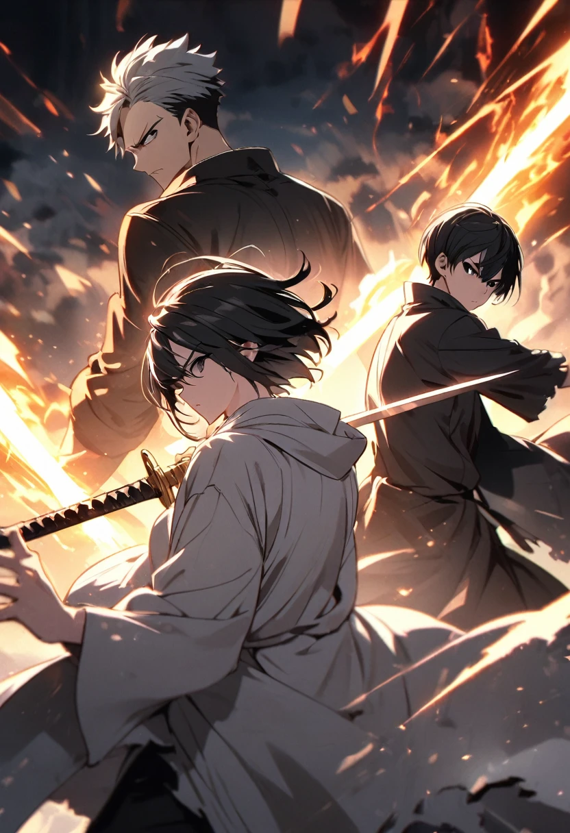 With two people, Back to Back、 short hair, Black Hair, Black eyes,,Chopped Robe、 Lots of power,Sword Fighting