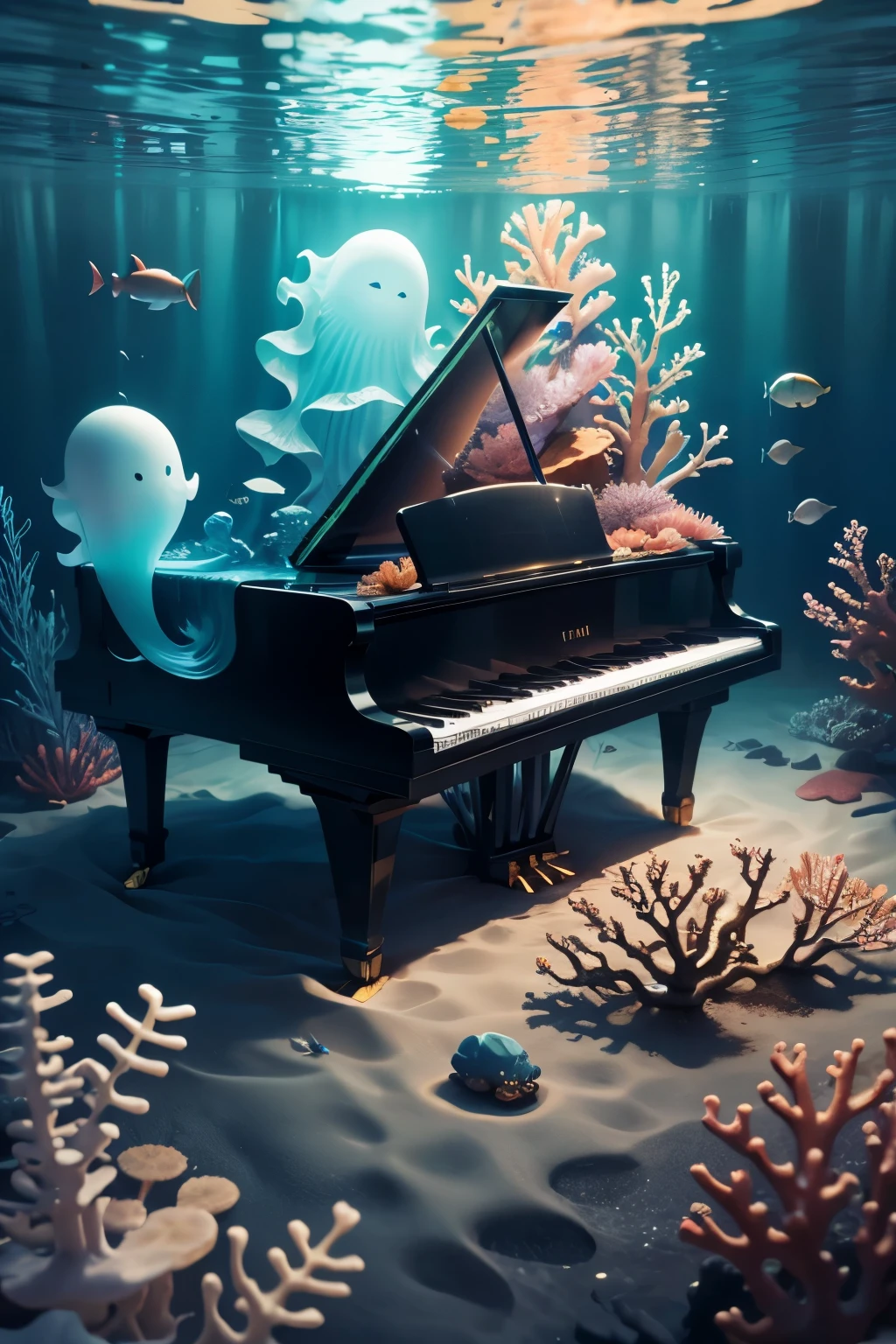 Android playing piano on the seabed、Fish shadow、Dynamic Angles、Coral、Colorful Fish Ghost Ship、Masterpiece、Ultra-high resolution、Super Sensitive