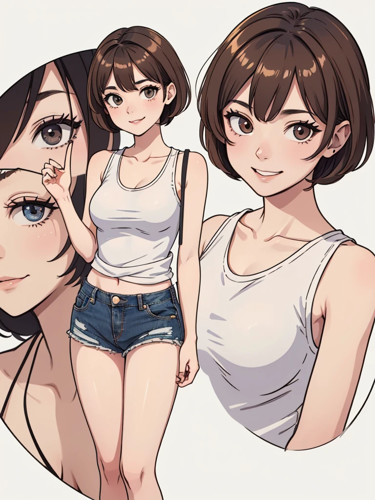 (((masterpiece, best quality, ultra highres, 1 girl, solo, no background))), super detailed skin and face and eyes and finger, beautiful japanese woman, small breasts:1.5, skinny, light brown hair, white background, very short pixie hair, Knee shot, Generate with illustrations, Various expressions, Various poses, Please draw the entire character within the frame, ensuring that the head, arms, and legs are not cut off. The background should be simple, with the character positioned centrally, outline, anime, 2d, boyish, smile showing teeth, tank top, denim shorts,