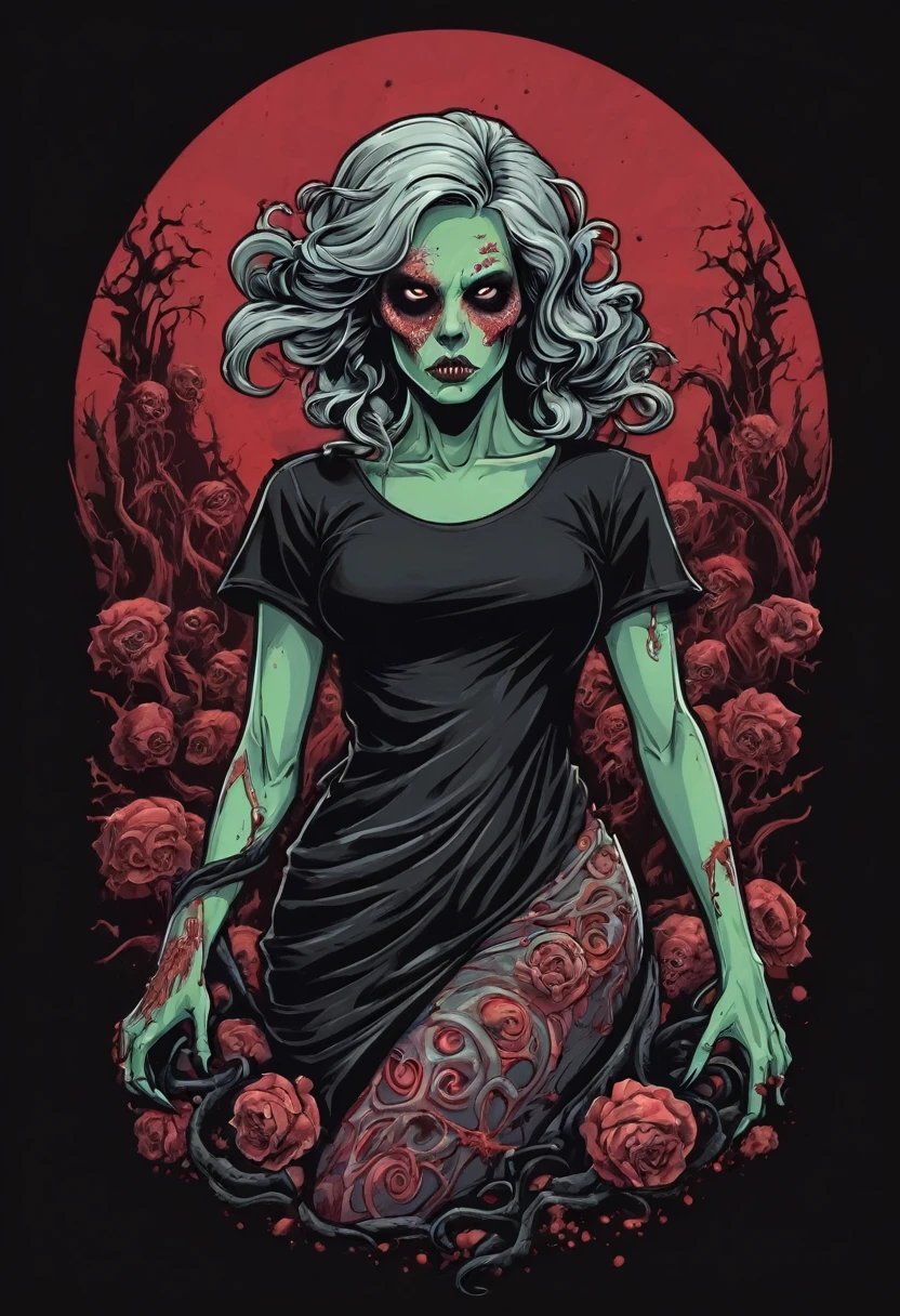 t shirt design, create a menacing black t-shirt with a feminine zombie motif inspired by heavy metal aesthetics. The artwork features an elegant zombie woman curled sinuously, its scales shining in the dim light. the zombie woman&#39;The mouth is wide open, revealing rows of sharp teeth dripping with blood, exuding a raw feeling, primitive aggression, clear sky and bright sun in the background, improving the sinister atmosphere of the design. the zombie woman&#39;the eyes shine with a malevolent shine, capturing the essence of danger and violence. The overall style is bold and intense, embodying the dark and bold spirit of heavy metal.