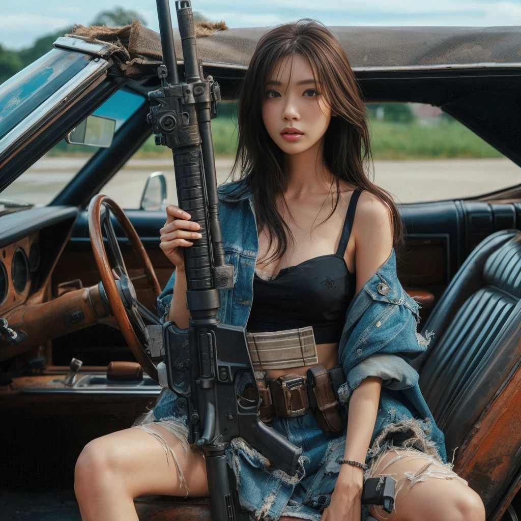 8k,Realistic Photo、Realistic Skin Texture、Superrealism、Japanese women living in America、Loading luggage into a worn-out convertible、Carrying a rifle on his shoulder