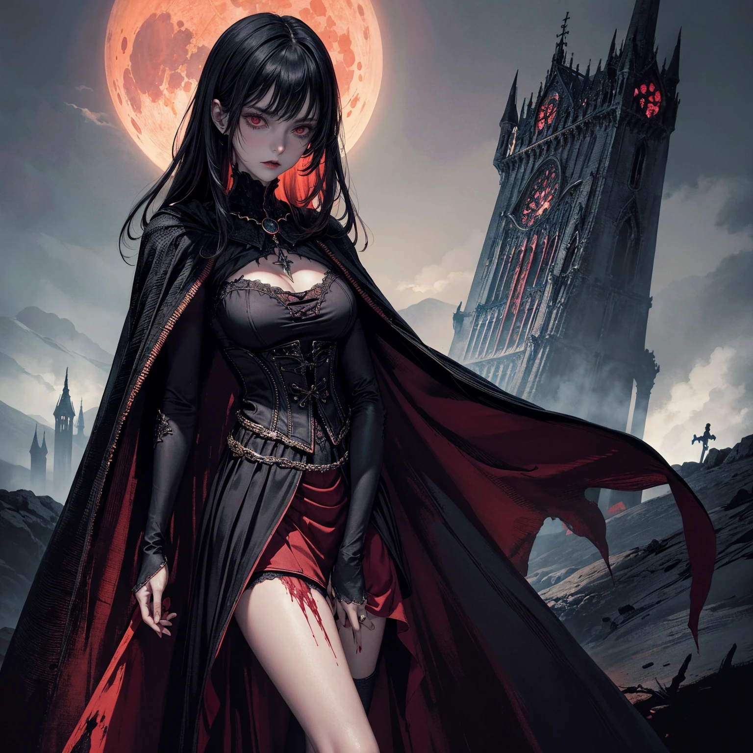 best quality, 4K, high resolution, masterpiece:1.2, Very detailed, actual:1.37, Mood lighting, Girl in a long cape, Wearing a tight gothic skirt that shows a little skin above the chest, reflective, Dangerous sneer, Black Hair, Standing, Facing the camera, Crucified, Pitch black sky, Blood-red moon, strange atmosphere, Gothic style, Unforgettable beauty, Dramatic shadows, Ethereal Light, Mysterious atmosphere.