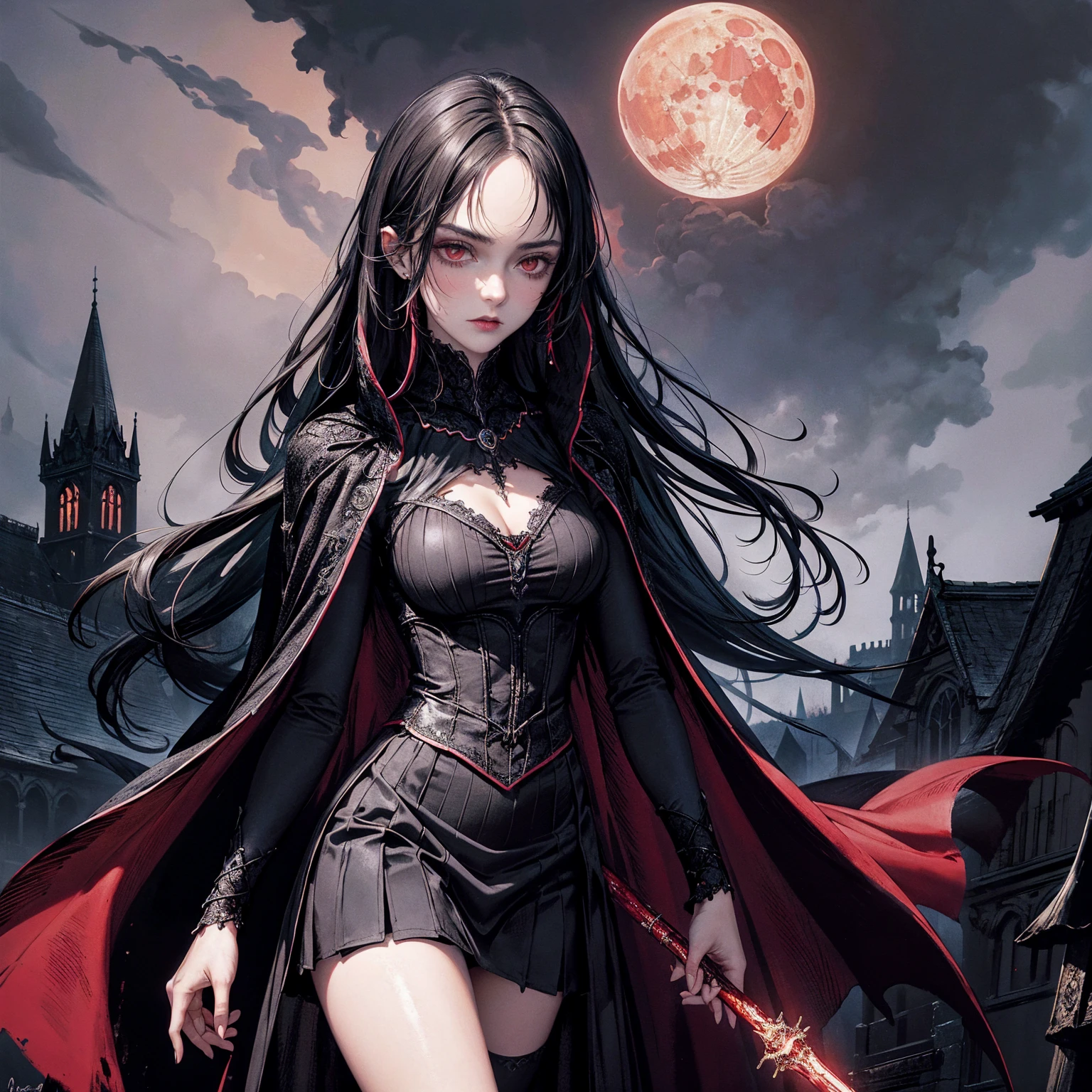 best quality, 4K, high resolution, masterpiece:1.2, Very detailed, actual:1.37, Mood lighting, Girl in a long cape, Wearing a tight gothic skirt that shows a little skin above the chest, reflective, Dangerous sneer, Black Hair, Standing, Facing the camera, Crucified, Pitch black sky, Blood-red moon, strange atmosphere, Gothic style, Unforgettable beauty, Dramatic shadows, Ethereal Light, Mysterious atmosphere.