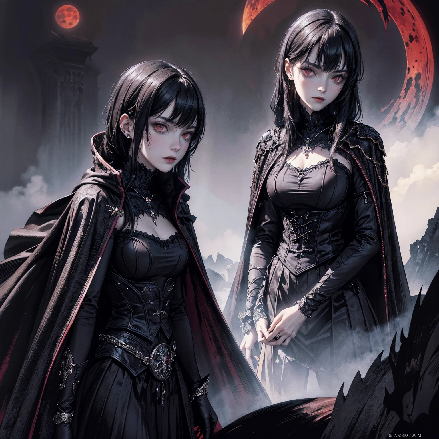 best quality, 4K, high resolution, masterpiece:1.2, Very detailed, actual:1.37, Mood lighting, Girl in a long cape, Wearing a tight gothic skirt that shows a little skin above the chest, reflective, Dangerous sneer, Black Hair, Standing, Facing the camera, Crucified, Pitch black sky, Blood-red moon, strange atmosphere, Gothic style, Unforgettable beauty, Dramatic shadows, Ethereal Light, Mysterious atmosphere.