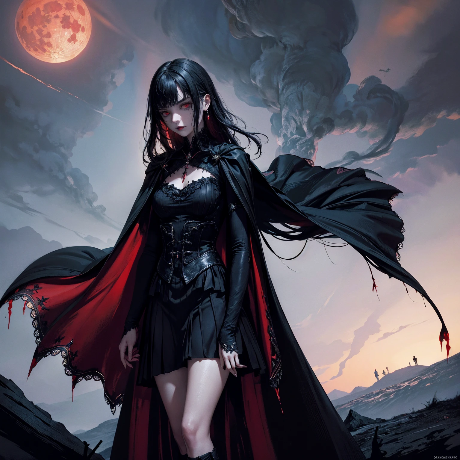 best quality, 4K, high resolution, masterpiece:1.2, Very detailed, actual:1.37, Mood lighting, Girl in a long cape, Wearing a tight gothic skirt that shows a little skin above the chest, reflective, Dangerous sneer, Black Hair, Standing, Facing the camera, Crucified, Pitch black sky, Blood-red moon, strange atmosphere, Gothic style, Unforgettable beauty, Dramatic shadows, Ethereal Light, Mysterious atmosphere.