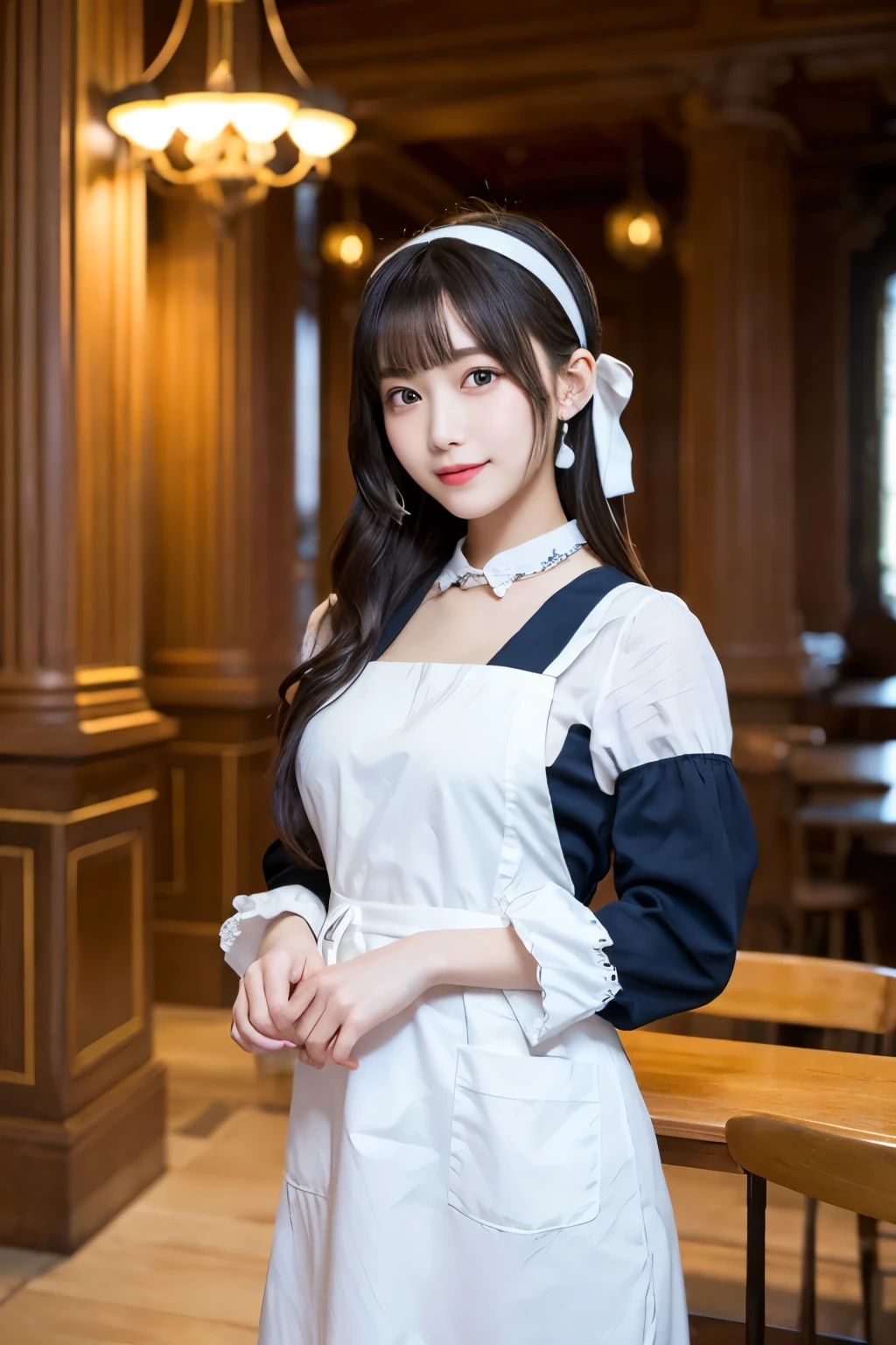 Detailed image of a young female character standing in a grand hall lined with marble columns。She has short, wavy blue hair、Has side fringe、Adorned with a white frilly headband and blue ribbon。Big blue eyes are kind、He has a slightly sad expression、There is a slight redness on the cheeks。She is wearing a classic maid outfit.、In a black puff sleeve dress、White apron with lace trim、And a blue ribbon on the neckline.。The apron has gold teardrop decorations.、It is secured by a thin gold chain。She is holding the skirt of her dress with one hand、It is lifted a little、Her other hand is delicately placed to touch the ribbon on her chest.。In the background there is a blurred white decorative building.、The soft, indirect lighting creates a calm and elegant atmosphere.。smile、Large Breasts、ランダムでセクシーなポーズ