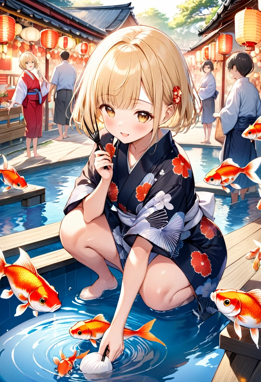 Create a scene featuring a cute girl with a blonde bob haircut enjoying a traditional Japanese goldfish scooping game (kingyo-sukui) while wearing a beautiful yukata with a traditional pattern. She is squatting by a small pool filled with water and goldfish, holding a scooping net (poi) carefully. The girl's expression is one of concentration and joy as she tries to catch a goldfish. The setting is a lively summer festival, with lanterns and stalls visible in the background, creating a festive atmosphere. The soft glow of the lanterns illuminates her face and the surrounding area. The overall composition captures the fun and excitement of a summer festival night, emphasizing the colorful and joyful environment