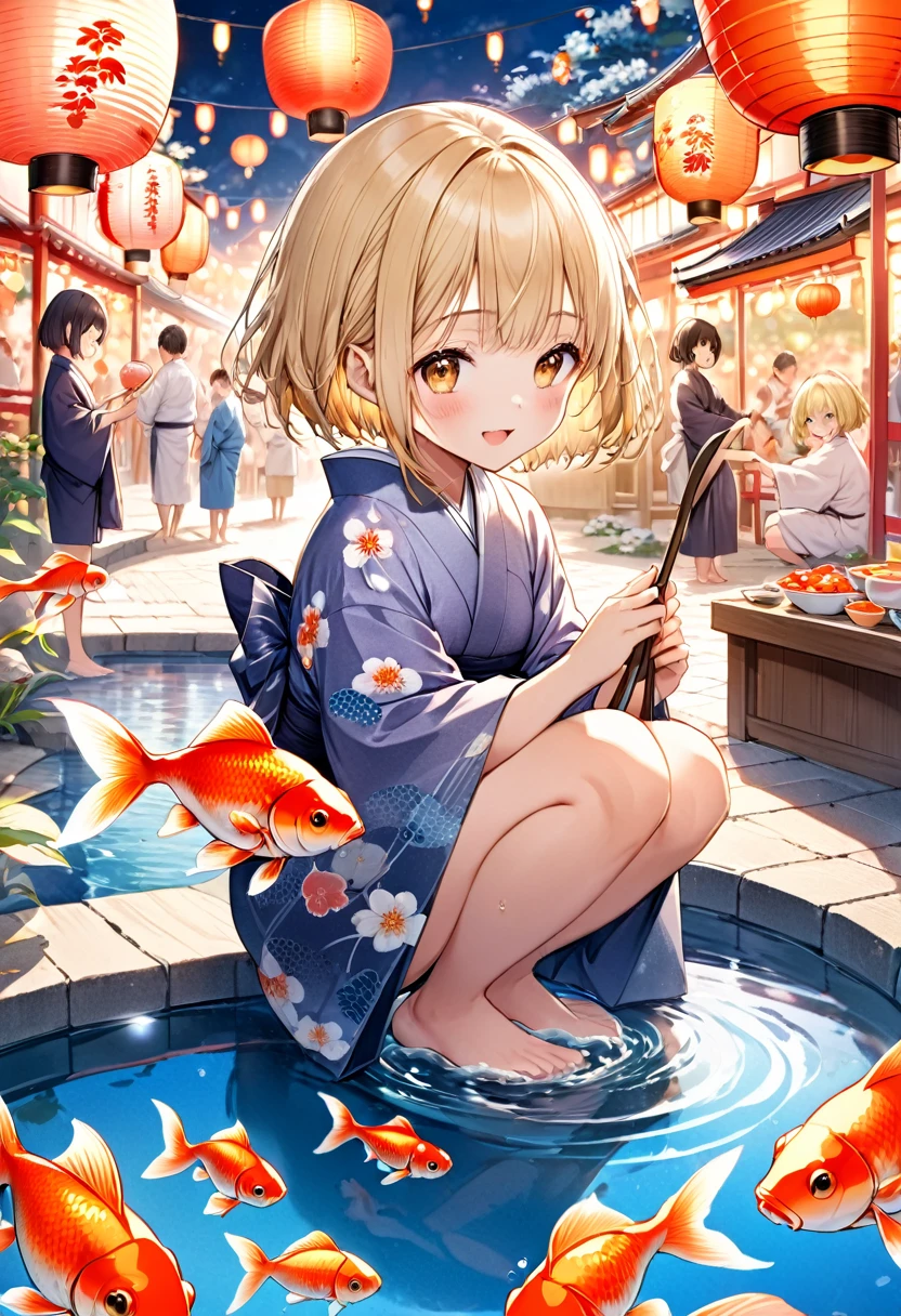 Create a scene featuring a cute girl with a blonde bob haircut enjoying a traditional Japanese goldfish scooping game (kingyo-sukui) while wearing a beautiful yukata with a traditional pattern. She is squatting by a small pool filled with water and goldfish, holding a scooping net (poi) carefully. The girl's expression is one of concentration and joy as she tries to catch a goldfish. The setting is a lively summer festival, with lanterns and stalls visible in the background, creating a festive atmosphere. The soft glow of the lanterns illuminates her face and the surrounding area. The overall composition captures the fun and excitement of a summer festival night, emphasizing the colorful and joyful environment