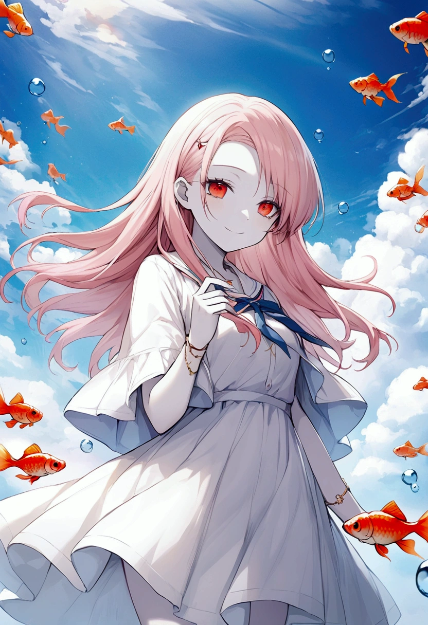 (woman\(student, , ＪＫ, Semi-long pink hair, Red eyes,White , Pale skin, Bright eyes and a smiling face\) whole body:1.5, Looking straight ahead, Long-distance shots), (Many goldfish are swimming in the air), Beautiful sky, Beautiful Clouds, Colorful summer flowers are blooming everywhere., (Transparent bubbles shine like prisms here and there in the sky), There is a noon moon and a noon star in the sky,