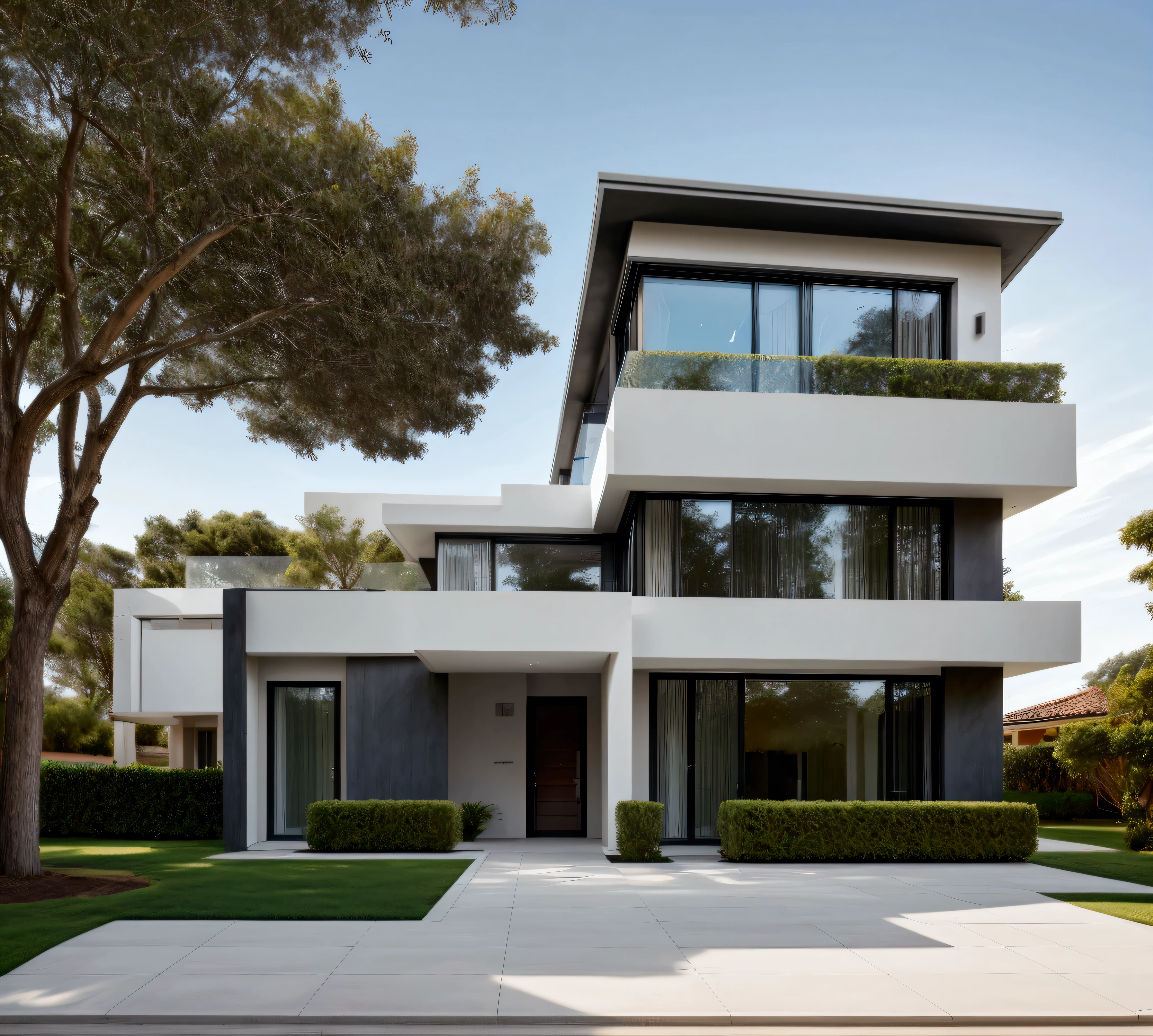 CRU photo,work of art, high qualiy, best qualityer, authentic, super detaill, plein-air, (((front-facing))), villa seen from the front, vista front-facing, single storey villaXL, aiai group, modern house style on the street, front house, visão front-facing, entrada com gramdo, elegant and minimalist facade, pavement, gram, Trees, sky, nube, (Day Light:1.1)