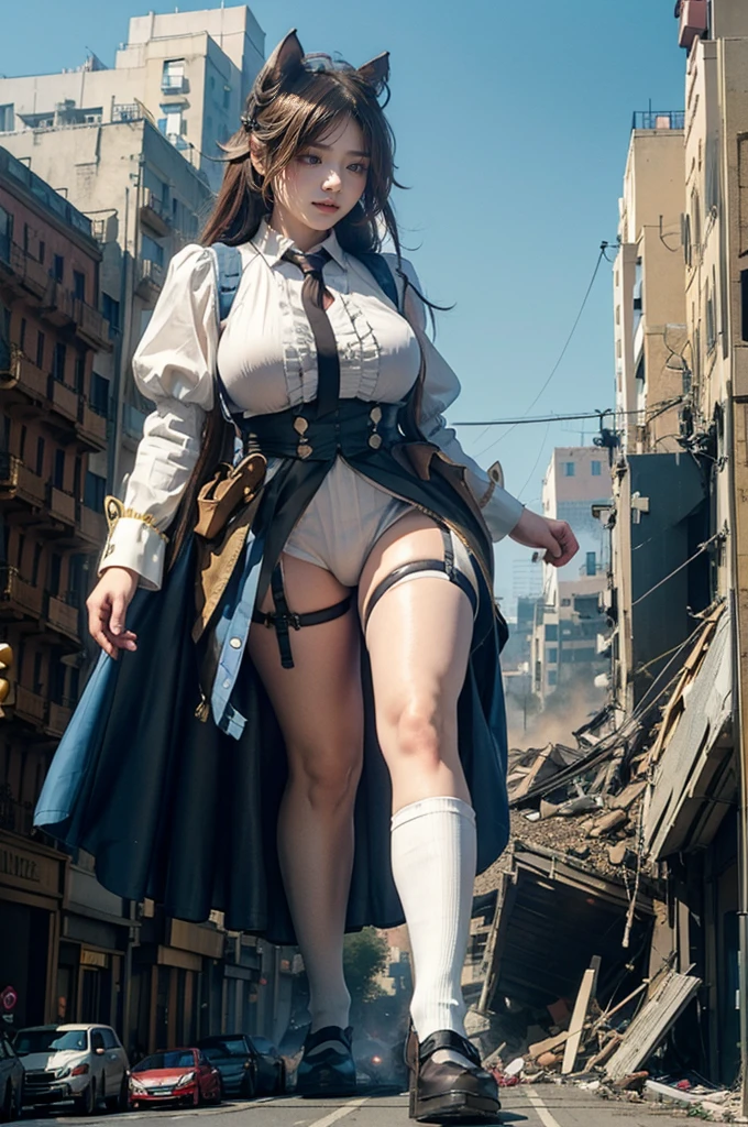 looking at the camera、steampunk、Standing on top of a ruined building、Big building explosion、The building collapses、Urban hustle and bustle、Traffic jam、City of Rubble、street tree、Car and bus、truck、taxi、City boulevard、Pedestrian bridge、Streetcar route((((Azur Lane Cheshire Cosplay))))、Frilled maid outfit、((Super huge breasts))、((Plump thighs))、Ground View,City of Giants,500 foot tall giant girl,skyscraper,Has super long legs,Step into the crowd,There are many people on the street,Knee-high socks,A happy look,Standing on the ruins,Beautiful appearance,Exquisite makeup,quality,8k,高quality,Perfect Proportions, Cinema Lighting,Film Grain,The Colors of Fuji,8k,Textured skin,Super Detail,High detail,high quality,High resolution,explode,False Smile、Reaching out