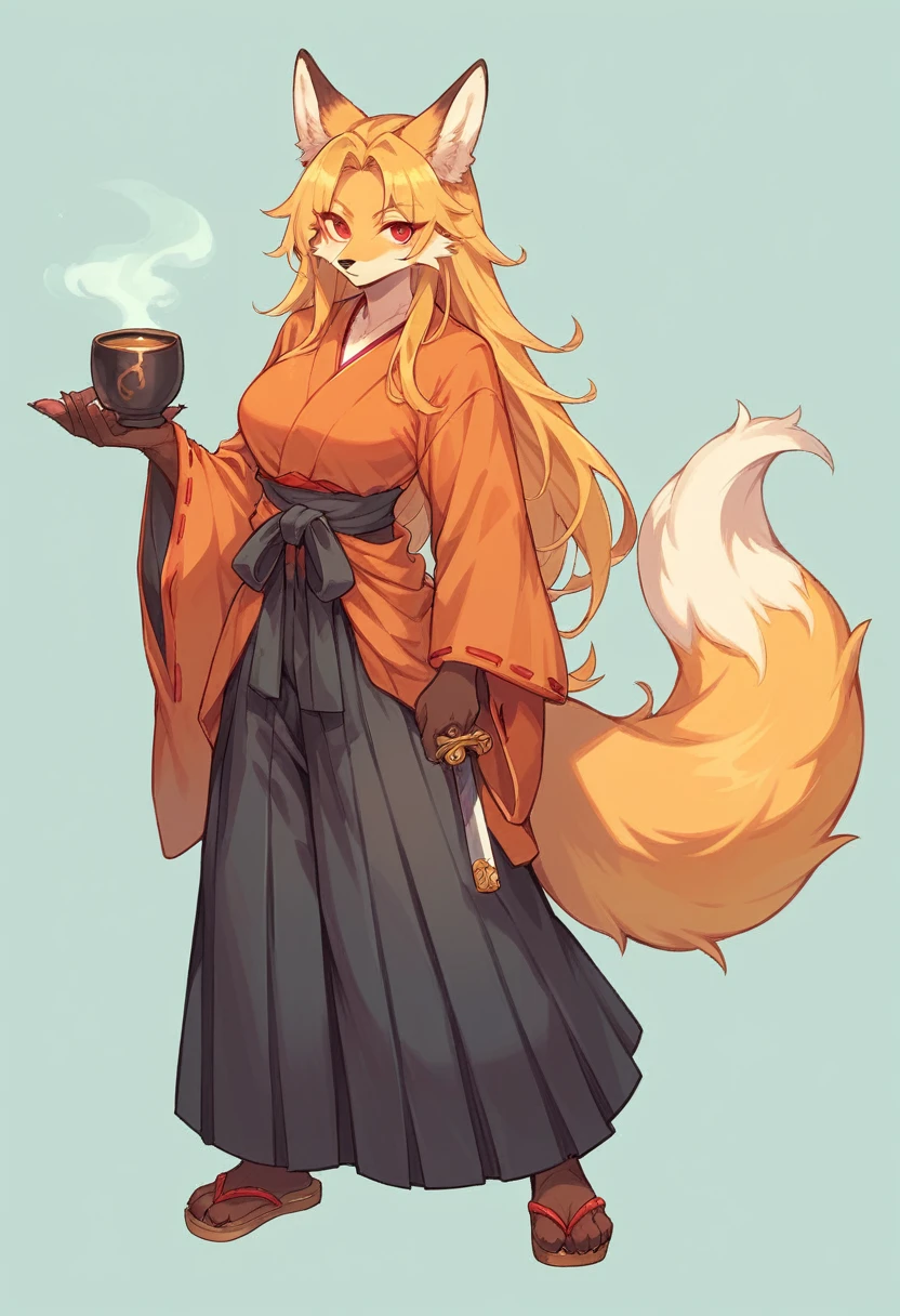 (full body,A Cup),Fox woman, Furry, Golden fur, Golden facial fur, long golden hair, The hair on his hands is golden, Golden yellow hair on the back of the hand, Light-filled eyes, Red eyes, Brown elements of fur,Hakama,Sword on waist,Very fine fur, Fluffy tail,A Cup