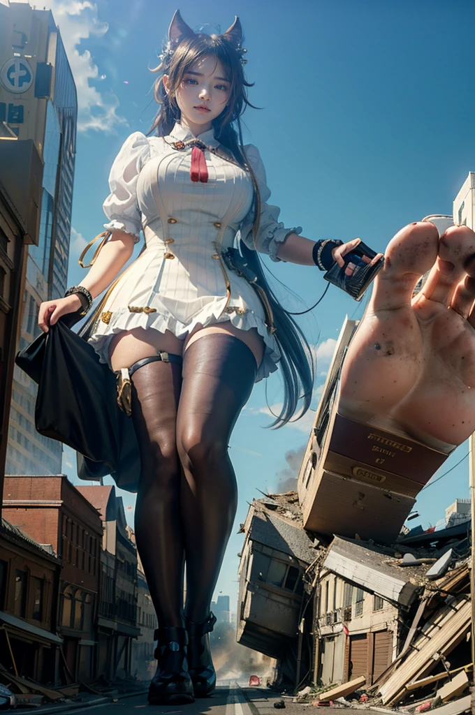 looking at the camera、steampunk、Standing on top of a ruined building、Big building explosion、The building collapses、Urban hustle and bustle、Traffic jam、City of Rubble、street tree、Car and bus、truck、taxi、City boulevard、Pedestrian bridge、Streetcar route((((Azur Lane Cheshire Cosplay))))、Frilled maid outfit、((Super huge breasts))、((Plump thighs))、Ground View,City of Giants,500 foot tall giant girl,skyscraper,Has super long legs,Step into the crowd,There are many people on the street,Knee-high socks,A happy look,Standing on the ruins,Beautiful appearance,Exquisite makeup,quality,8k,高quality,Perfect Proportions, Cinema Lighting,Film Grain,The Colors of Fuji,8k,Textured skin,Super Detail,High detail,high quality,High resolution,explode,False Smile、Reaching out