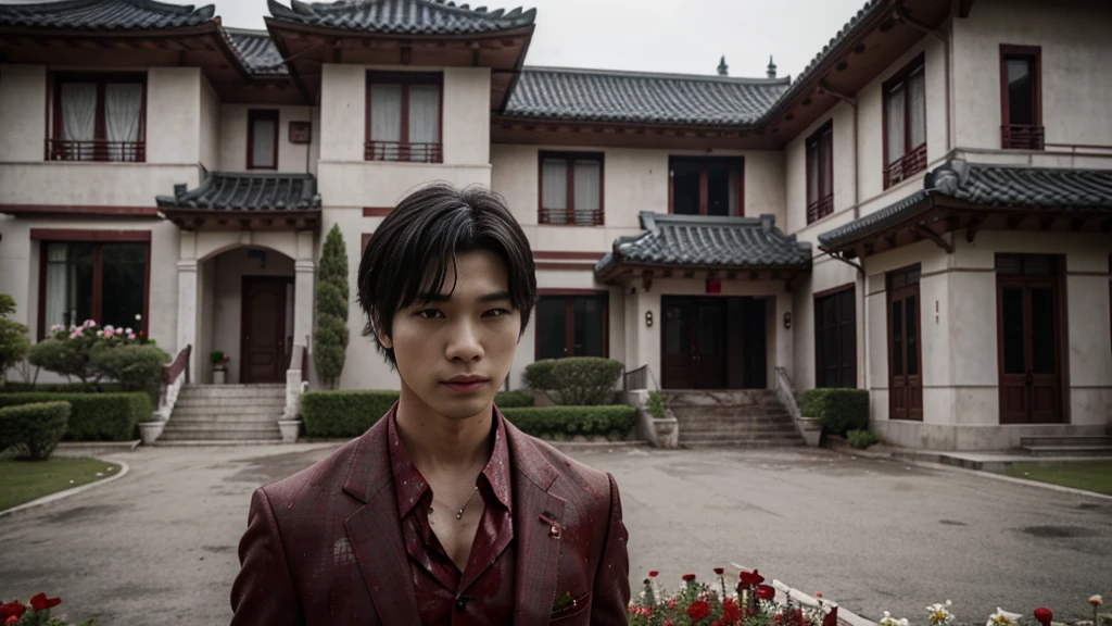 a man korean in front of a mansion full of blood. There are flowers and money around her. Ce personnage est tellement énigmatique que quand on le voit on se demande ce qu'il y a dans sa demeure.