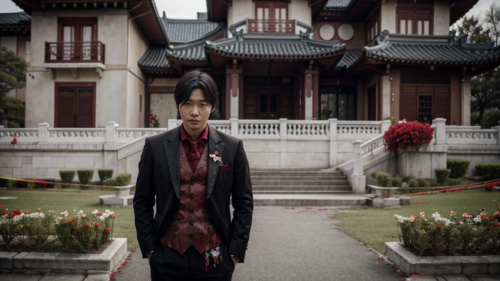a man korean in front of a mansion full of blood. There are flowers and money around her. Ce personnage est tellement énigmatique que quand on le voit on se demande ce qu'il y a dans sa demeure.