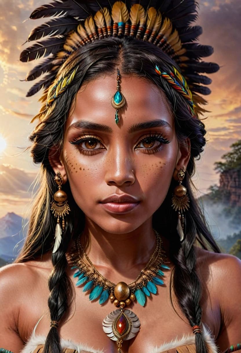 Realistic image of a woman, alone, with long hair, looking at the viewer, black hair, brown eyes, jewelry, braid, earrings, dark skin, necklace, mole, dark-skinned woman, lips, tattoo, feathers, headdress, facial tattoo, Native American