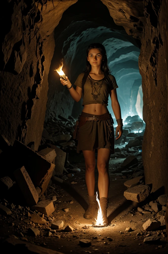 dark cave filled with ancient relics. A young archaeologist, holding a torch, looks surprised as she discovers a strange, glowing artifact on the ground. The cave walls are covered with mysterious symbols and old pottery shards.