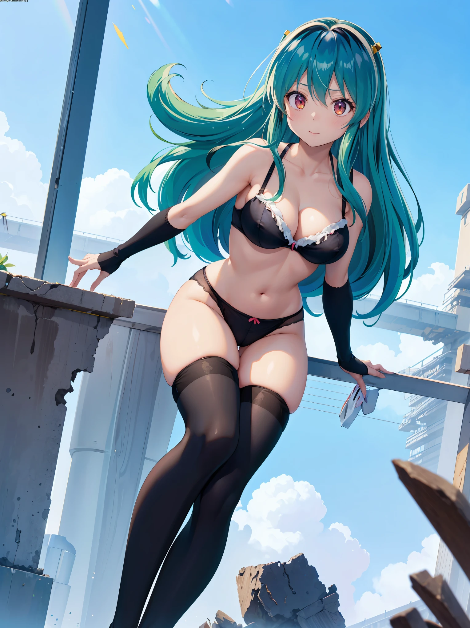 (1 Girl),(high quality), (High resolution), (Very detailed), (8k),(Demolition paperback correct)、Urusei Yatsura、Ram-chan、((Sexy colored bras))、Cute Panties、((Focus on the whole body))、Nipple Shape、((Black knee-high stockings))、Hair messed up by the strong wind、Neutral White Lighting,Sexy pose、On both knees