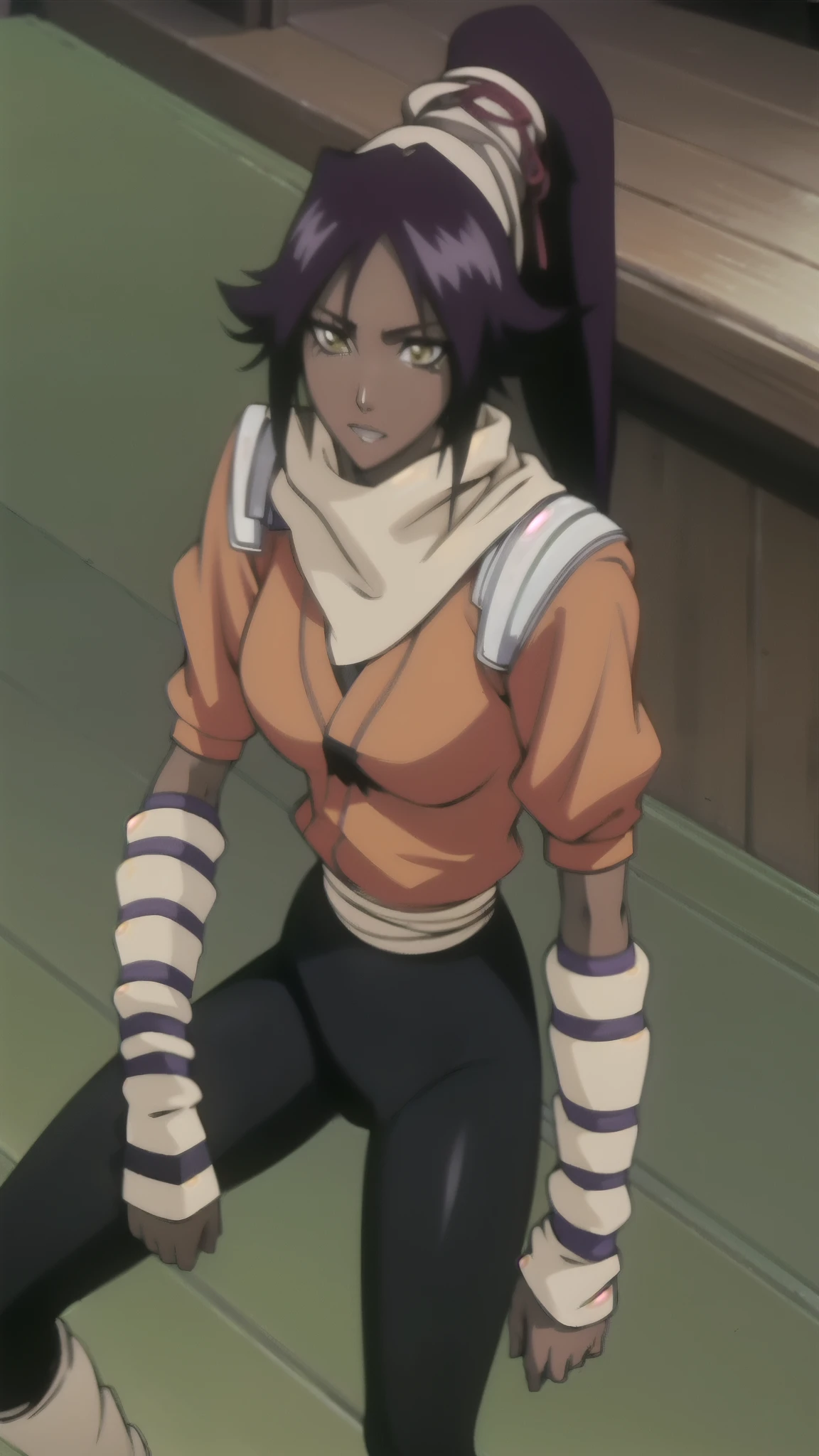 shihouin yoruichi, orange shirt, 1girl, solo, dark skinned female, dark skin, ponytail long hair, parted bangs, purple hair, yellow eyes, black leggings, waist accessory, scarf, gloves, ((leg warmers)), white shoulder straps,