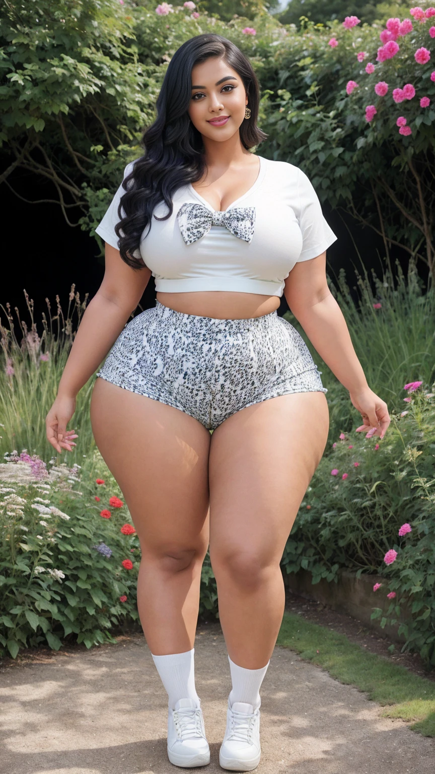 swastika mukharjee Indian beautiful woman curvy plus size hour glass bulky huge figure woman, closeup camera view, big huge m-cup breast, wearing SHEIN Young Girl Cartoon Graphic Bow Front Tee & Dalmatian Print Shorts Color: White , covered Bust , elegant standing position, eye contact view, different style hairstyle, bright eyes, thin eyebrows, fair skin, blushing cheeks, prefect head to toe view, full body, ideal for high-fashion or editorial shoots, ultra realistic skin texture, head to toe view, full body shot, full body view, smile face, black hair, Indian face, perfect skin tone light, ultra realistic skin texture, bigger waist, busty, big hips, fleshy thighs, thick thighs, busty, full body view, English Countryside Cottage: Charming cottage with a blooming garden.