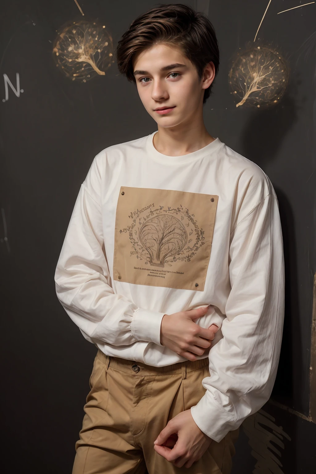 A young male twinks, 19 years old, with a cute angel face, with makeup and black hair, wearing a luxurious, long-sleeved, white shirt and brown medieval pants. Behind him is a blackboard with the neurons of the brain written on it, and he looks proudly with an innocent face.