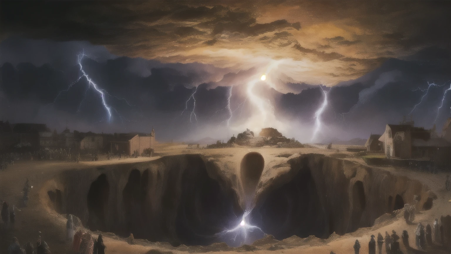 ((best quality)), ((masterpiece)), (detailed), A digital illustration of a bright lightning shining down on a giant digged hole surrounded by people in ancient clothing in a historical town setting