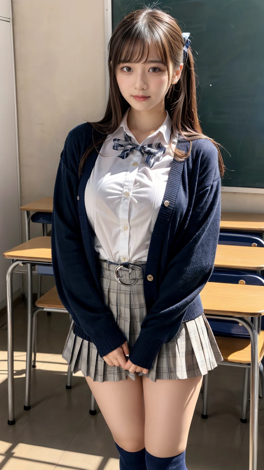 masterpiece, best quality, illustration, Super detailed, fine details, High resolution, 8K,wall paper, perfect dynamic composition,(Details High quality, realistic depiction of eyes:1.3), High School Classroom、High school girl uniform、Cardigan、Super Short Check Uniform Skirt、Navy blue high socks、garterbelts、Colossal tits、Disturbed uniform、, black hair color, Big Natural Color Lip, bold sexy pose, (perfect body shape), crying a little、Harajuku style、20 year old girl、cute type, beautiful legs, hposing Gravure Idol, Voluptuous thighs