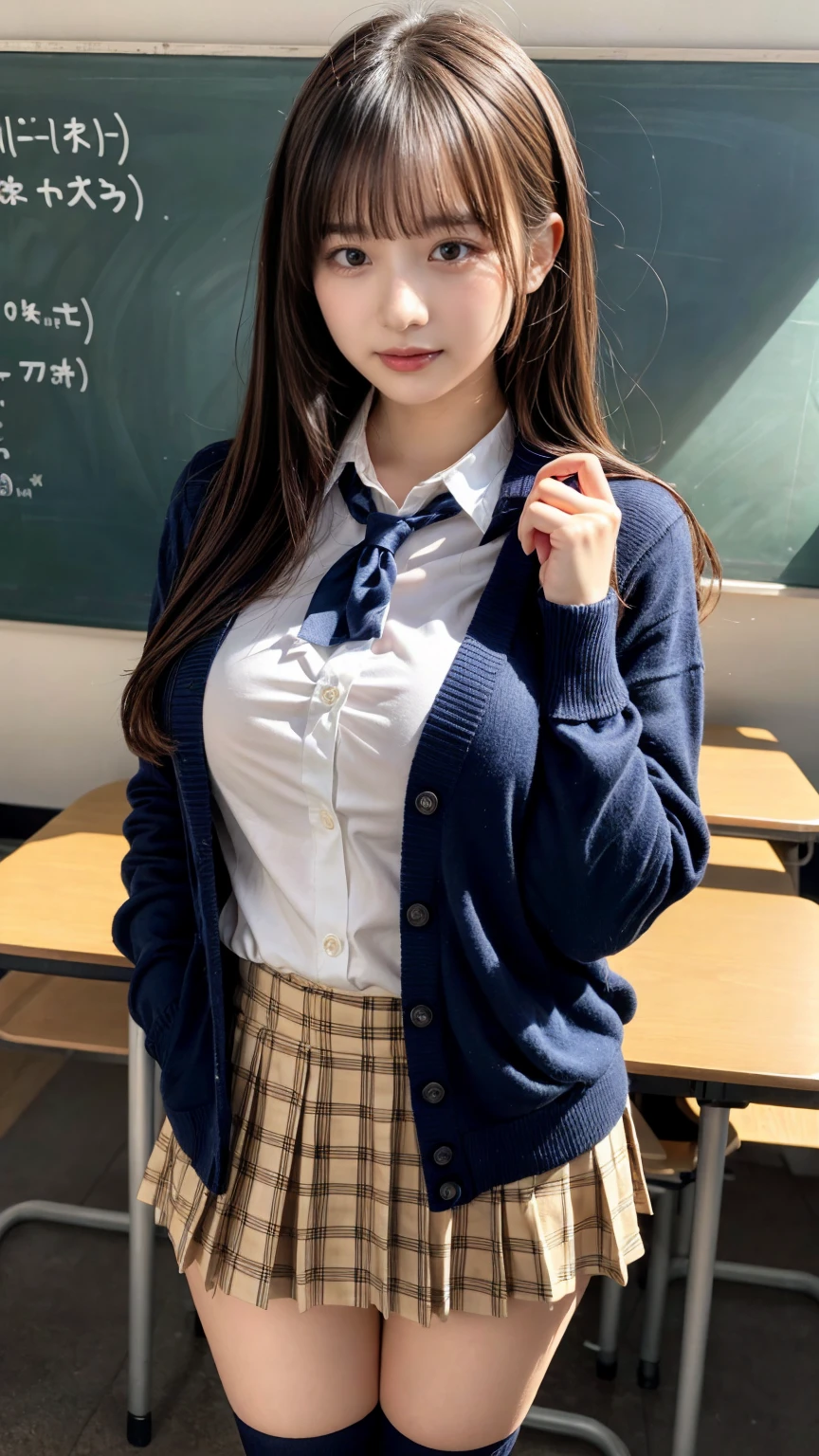 muste piece, best quality, illustration, Super detailed, fine details, High resolution, 8K,wall paper, perfect dynamic composition,(Details High quality, realistic depiction of eyes:1.3), High School Classroom、High school girl uniform、Cardigan、Super Short Check Uniform Skirt、Navy blue high socks、garterbelts、Colossal tits、Disturbed uniform、, black hair color, Big Natural Color Lip, bold sexy pose, (perfect body shape), crying a little、cold gaze, Harajuku style、20 year old girl、cute type, beautiful legs, hposing Gravure Idol, Voluptuous thighs