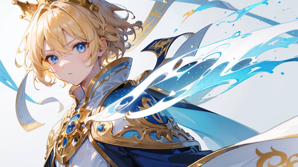(Highest quality) (4K) (8k) (High resolution) (masterpiece:1.2) (Super detailed) One boy short hair Wizard Blue Eyes Long sleeve Golden decoration Hair between the eyes White Dress Wavy golden hair Upper Body crown (White Background) cute Young Serious