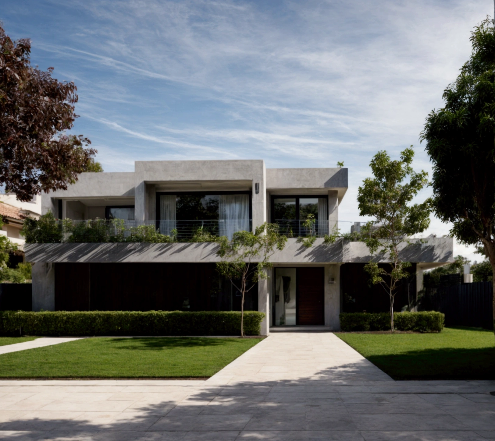 CRU photo,work of art, high qualiy, best qualityer, authentic, super detaill, plein-air, (((front-facing))), villa seen from the front, vista front-facing, single storey villaXL, aiai group, modern house style on the street, front house, visão front-facing, entrada com gramdo, elegant and minimalist facade, pavement, gram, Trees, sky, nube, (Day Light:1.1)