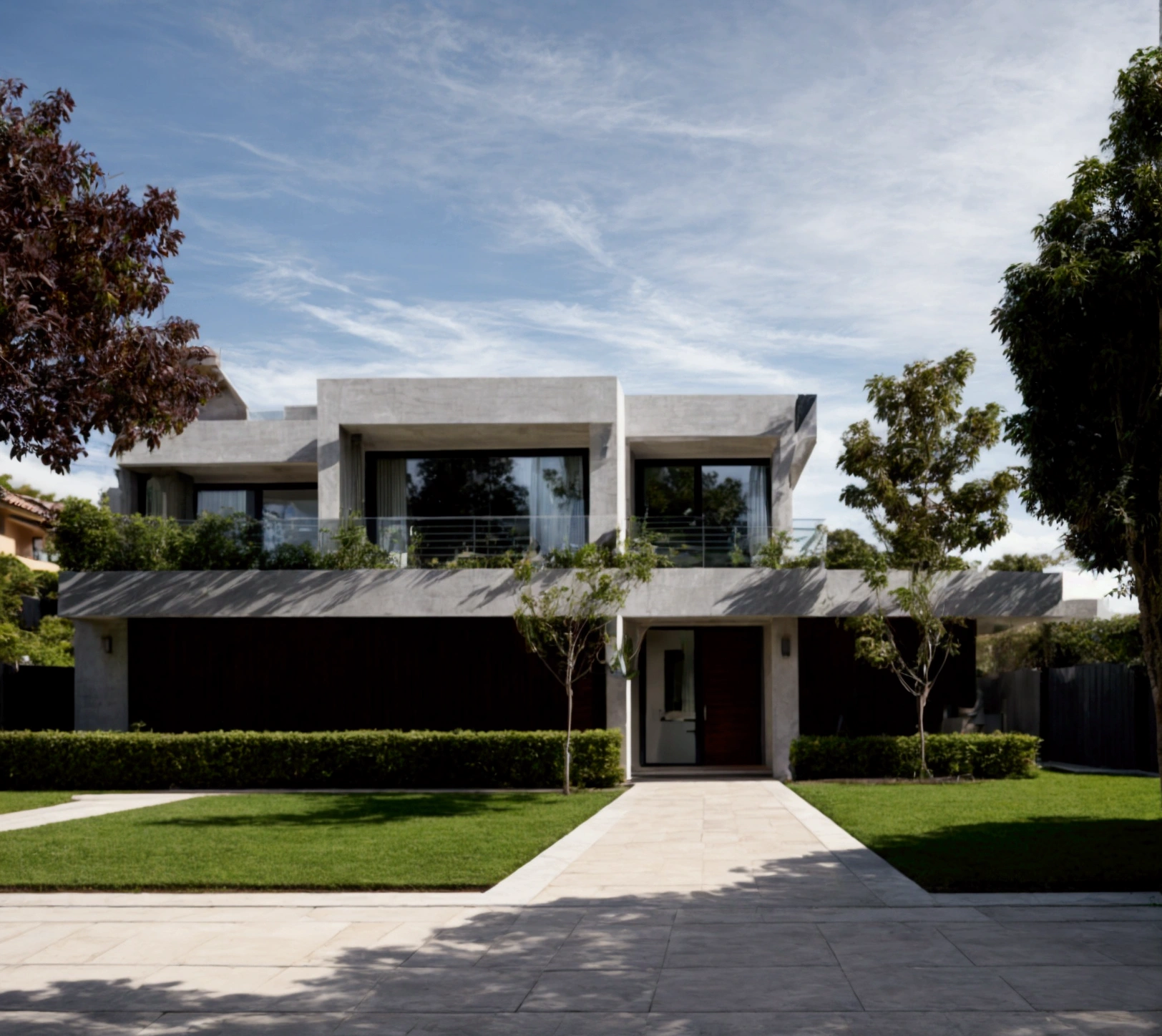 CRU photo,work of art, high qualiy, best qualityer, authentic, super detaill, plein-air, (((front-facing))), villa seen from the front, vista front-facing, single storey villaXL, aiai group, modern house style on the street, front house, visão front-facing, entrada com gramdo, elegant and minimalist facade, pavement, gram, Trees, sky, nube, (Day Light:1.1)