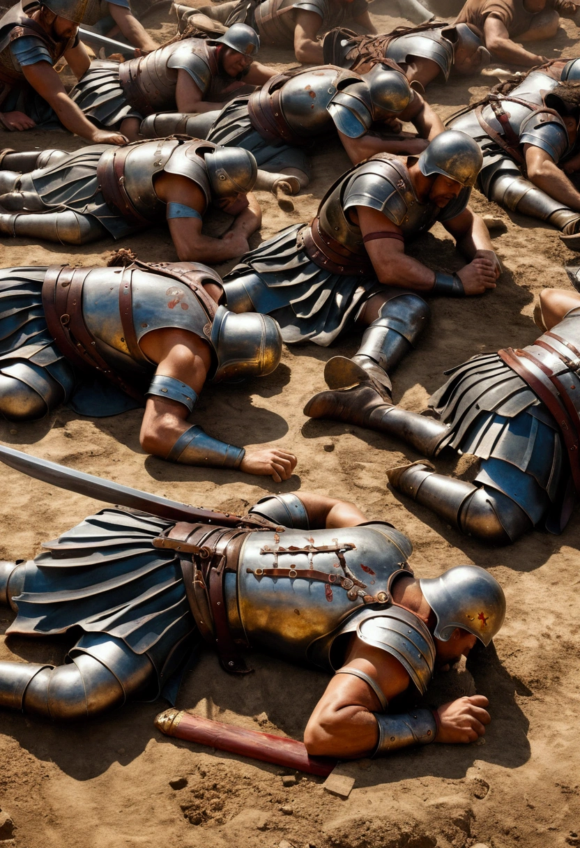 A scene of valorous Roman soldiers lying on the battlefield, their defeated stance a testament to their heroic bravery. This vivid image, perhaps a meticulously crafted painting, showcases the poignant aftermath of a fierce battle. The warriors' battered armor, blood-stained but gleaming under the soft sunlight, tells tales of their unwavering commitment and sacrifice. Fallen shields lie scattered, bearing the weight of their unyielding defense. The artist's masterful skills bring forth the minutest details, from the resolute expressions etched on the warriors' faces to the intricate engravings on their worn-out weaponry. This mesmerizing artwork captures both the gallantry of these fallen heroes and the unforgiving reality of warfare, leaving viewers captivated by its unassuming yet profound beauty.