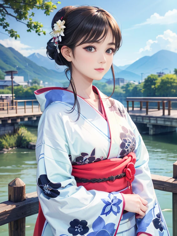 (Highest quality、 8k 、masterpiece、High resolution)、(whole body)、Vibrant colors、Brown-black bob、Traditional round topknot、Ample breasts、(Highly detailed face and eyes、Beautiful Face、Beautiful Eyes、Beautiful nose、Pretty lips)、 (Beautiful woman standing on a riverside observation deck)、(A friendly gaze)、(Oh!！Facial expression that)、(Vivid floral patterned kimono)、Official Art、  The background is a wide river、Nearby bridge、Riverside streetscape、Mountains in the distance、Detailed CG、