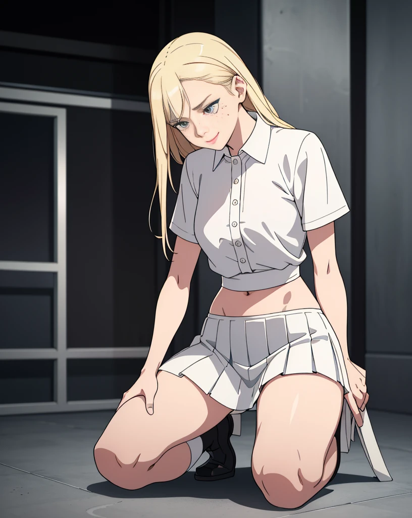 close up 1girl in, 13 years old teenager, Solo, Aesthetic artwork, blond, straight blonde hair, super long blonde hair, light blue-grey eyes, some small freckles, pale skin, small breasts, ((belly stuffed)), runners body, (thin hips, thin waist: 1.25), detailed skin, shy smile, (full body: 1.1), (action shot kneeling: 1.25), wearing a short sleeve button down white blouse, Buttons are undone and blouse is open, short pink pleated skirt, school girl uniform,24mm, 4k textures, soft cinematic light, RAW photo, photorealism, photorealistic, intricate, elegant, highly detailed, sharp focus, ((((cinematic look)))), soothing tones, insane details, intricate details, hyperdetailed, low contrast, soft cinematic light, dim colors, exposure blend, hdr, faded