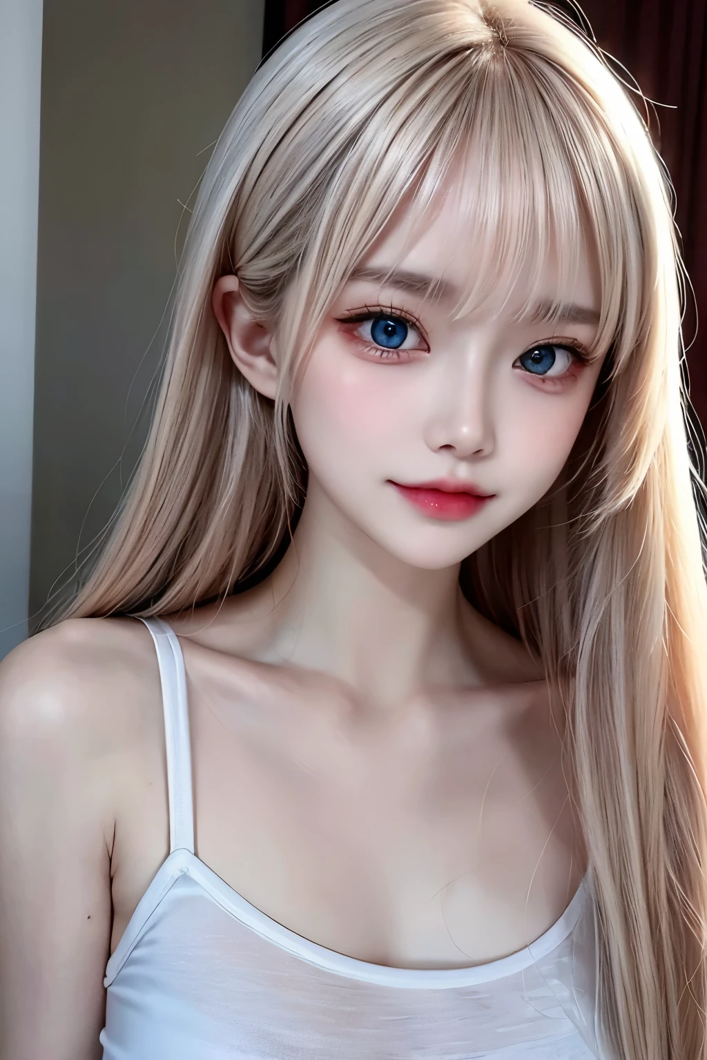 Portrait、、Bright expression、Young, lustrous, glowing, white skin、The best beauty、Blonde reflection、piper peri , Platinum blonde hair with dazzling highlights、Shiny and shiny hair,、Super long silky straight hair、Shiny beautiful bangs、Big, bright, light blue eyes that shine beautifully、Very big eyes、Very beautiful nice cute 15 year old beautiful girl、Ample Bust、The skin is delicate，Head up，Giant Mouth，look at me，（（full throat），（（breathe）），（Throat），Sweat，Interrupt），the dress is dripping，super low neck dress，No underwear，Pantyless，Water spray、bangs over eyes、片bangs over eyes、Bangs between the eyes、Small Face Beauty、Cheek gloss highlighter、Small Face Beauty、Round face