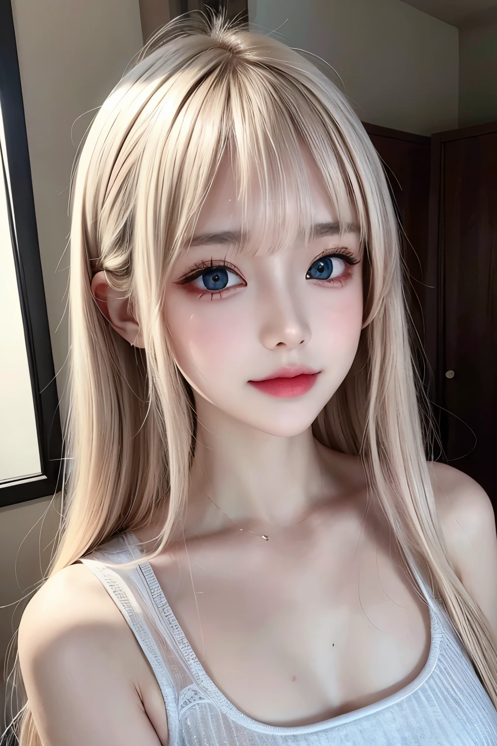 Portrait、、Bright expression、Young, lustrous, glowing, white skin、The best beauty、Blonde reflection、piper peri , Platinum blonde hair with dazzling highlights、Shiny and shiny hair,、Super long silky straight hair、Shiny beautiful bangs、Big, bright, light blue eyes that shine beautifully、Very big eyes、Very beautiful nice cute 15 year old beautiful girl、Ample Bust、The skin is delicate,Head up,Giant Mouth,look at me,((full throat),((breathe)),(Throat),Sweat,Interrupt),the dress is dripping,super low neck dress,No underwear,Pantyless,Water spray、bangs over eyes、片bangs over eyes、Bangs between the eyes、Small Face Beauty、Cheek gloss highlighter、Small Face Beauty、Round face