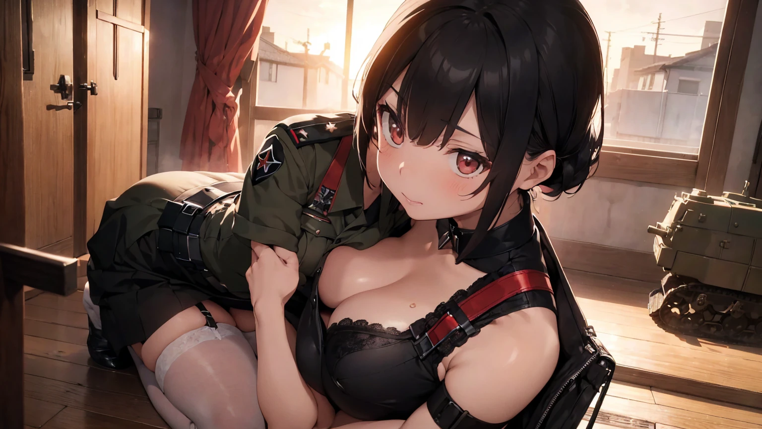 Gestapo uniform, female lesbian kawaii sisters kissing passionately with T-54 military tank. wearing Luftwaffe uniforms. 8k. masterpiece. best quality. best artwork. lingerie. Swastika insignia red armband. busty bare breasts. nipples. sunset. on knees standing-cunnilingus